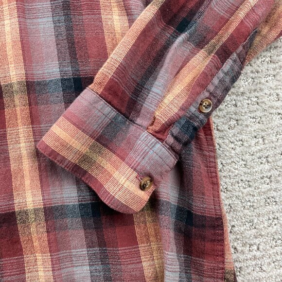 VOLCOM Shirt Men Medium M Red Brown Plaid Button Up Polo Shirt Long Sleeve Polo - Picture 2 of 11